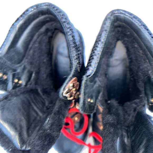 aldo black pony calf hair red lace worn Heeled Hiking Ski Bunny boots 9.5 - Picture 6 of 12